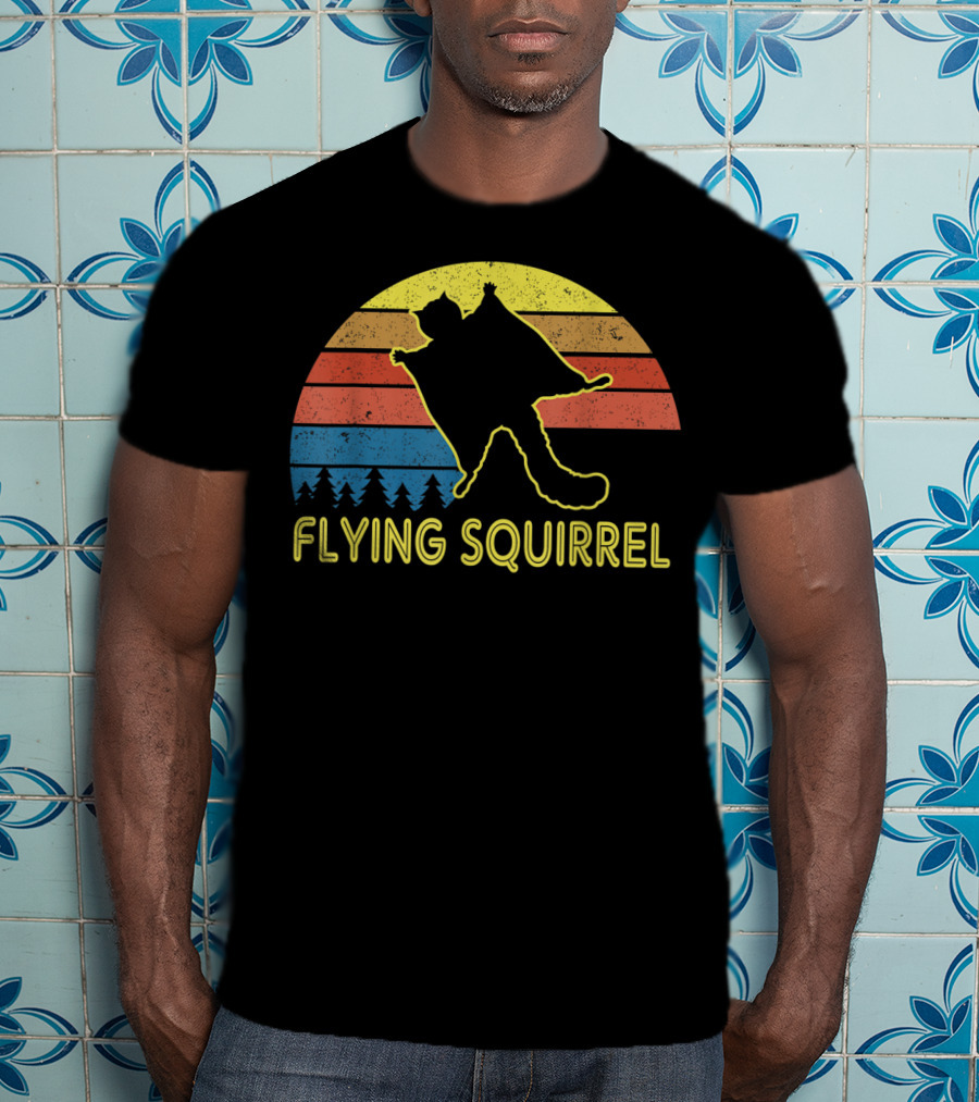 Flying Squirrel Retro Sunset With Silhouette And Forest Stripes T-Shirt