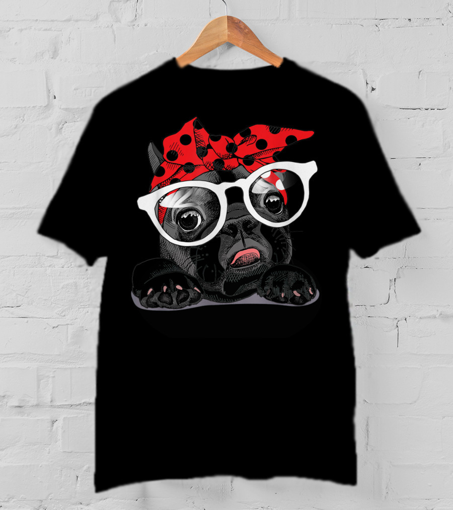 French Bulldog With Red Polka Dot Headband And White Glasses T-Shirt
