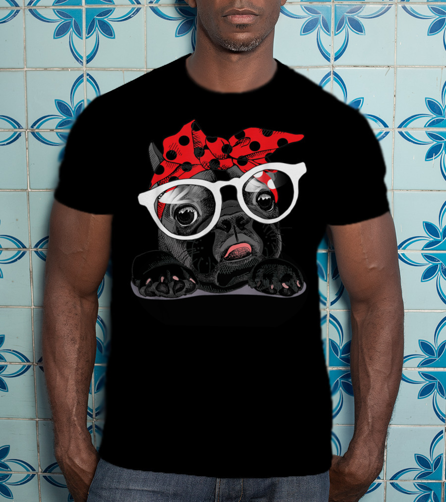 French Bulldog With Red Polka Dot Headband And White Glasses T-Shirt