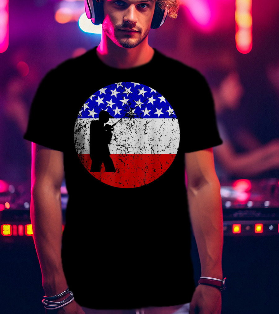 American Flag Vintage Fisherman Silhouette Rustic Retro Fishing T-Shirt