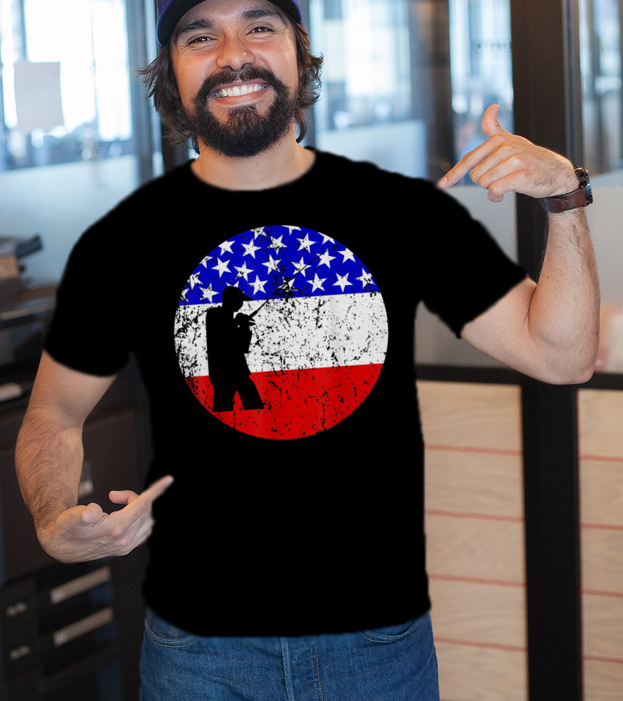 American Flag Vintage Fisherman Silhouette Rustic Retro Fishing T-Shirt