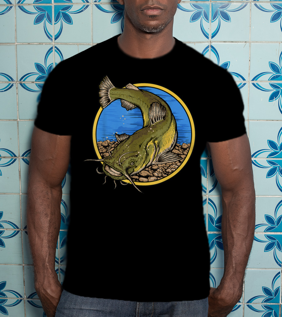 Catfish Fishing Against Colorful Water With Circle Background T-Shirt