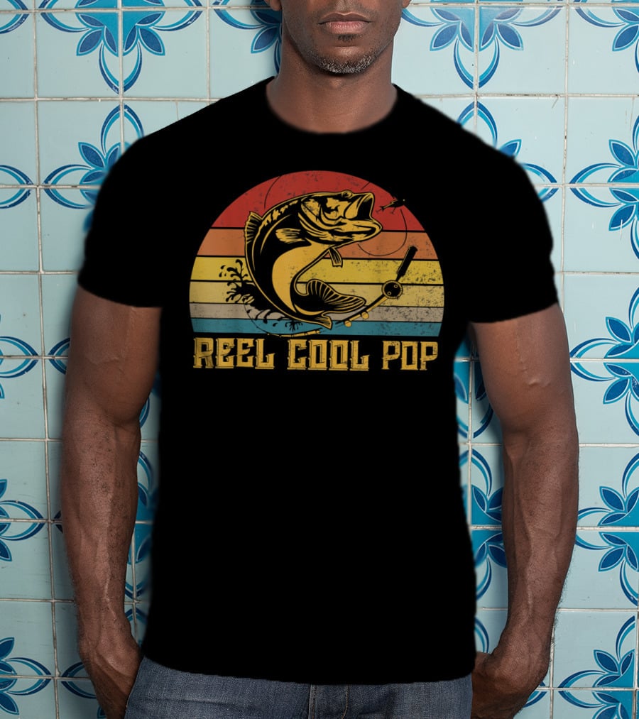 Father's Day Vintage Fishing Reel Cool Pop Retro Bass Sunset T-Shirt