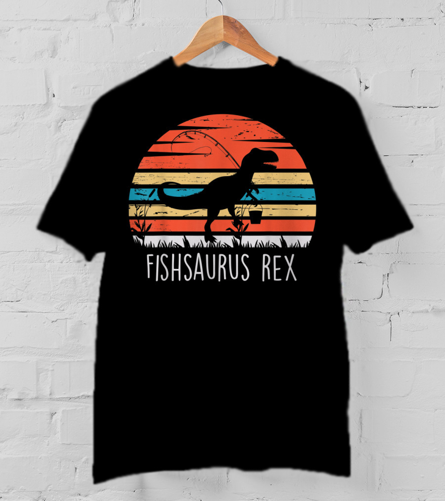 Fathers Day Fishsaurus Rex Dinosaur Fishing Vintage Sunset T-Shirt