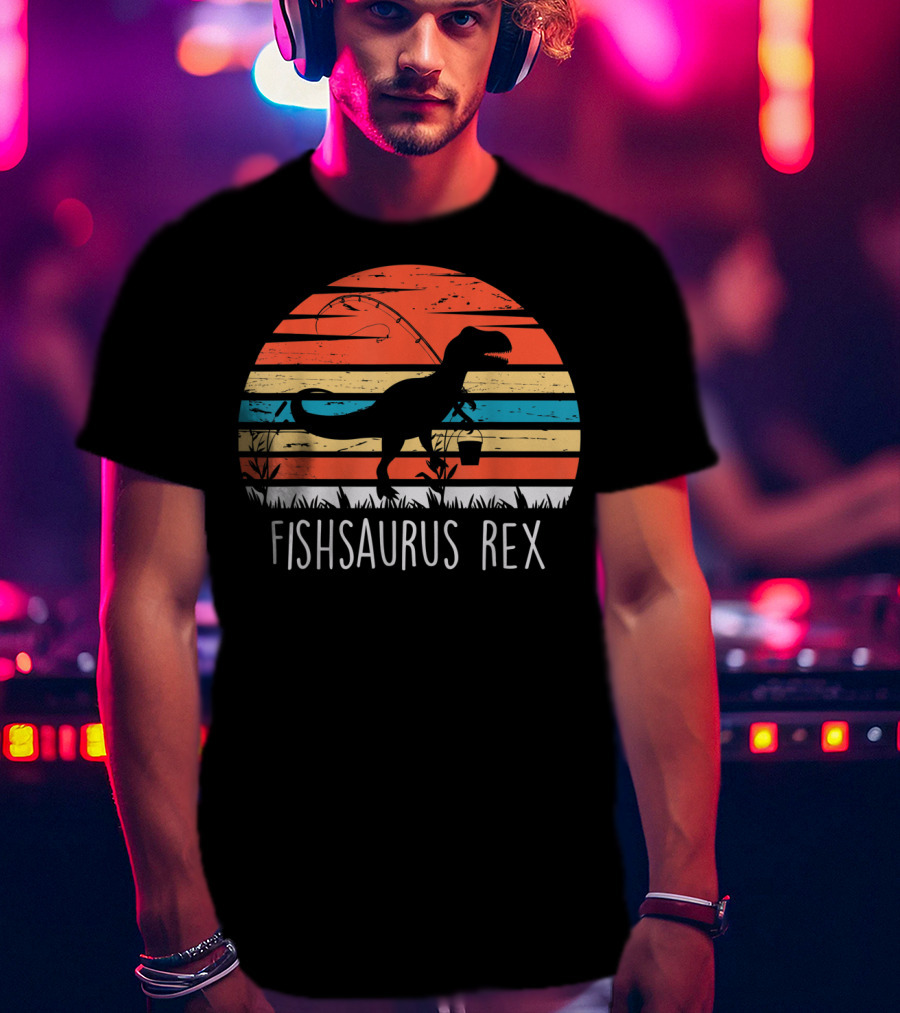 Fathers Day Fishsaurus Rex Dinosaur Fishing Vintage Sunset T-Shirt