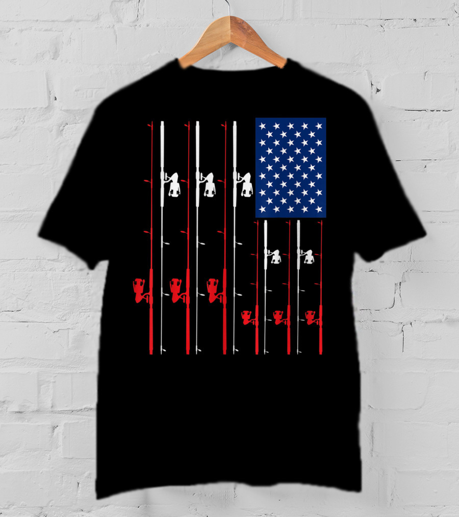 Fishing Rod US Flag Cute Fish Hunting American Patriotic Iconic T-Shirt