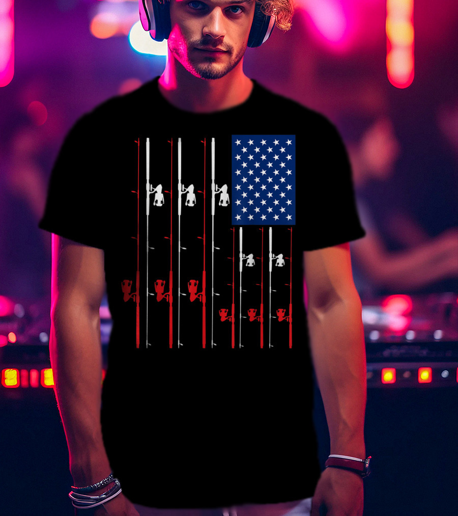 Fishing Rod US Flag Cute Fish Hunting American Patriotic Iconic T-Shirt
