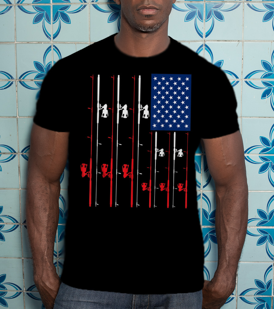 Fishing Rod US Flag Cute Fish Hunting American Patriotic Iconic T-Shirt