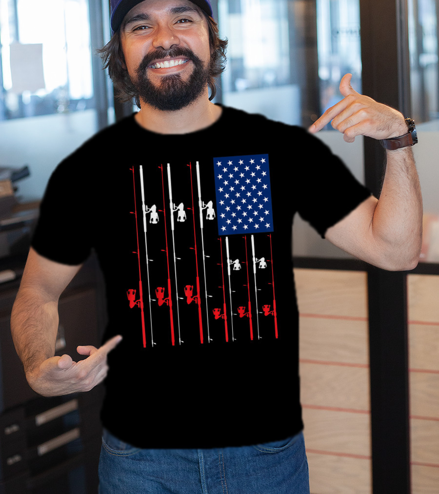 Fishing Rod US Flag Cute Fish Hunting American Patriotic Iconic T-Shirt