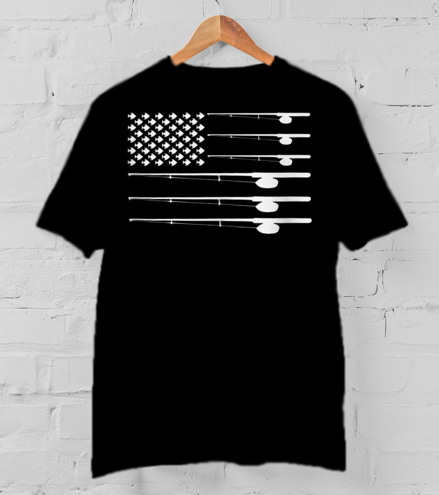 FLY ROD FISHING American Flag Fishersman T-Shirt