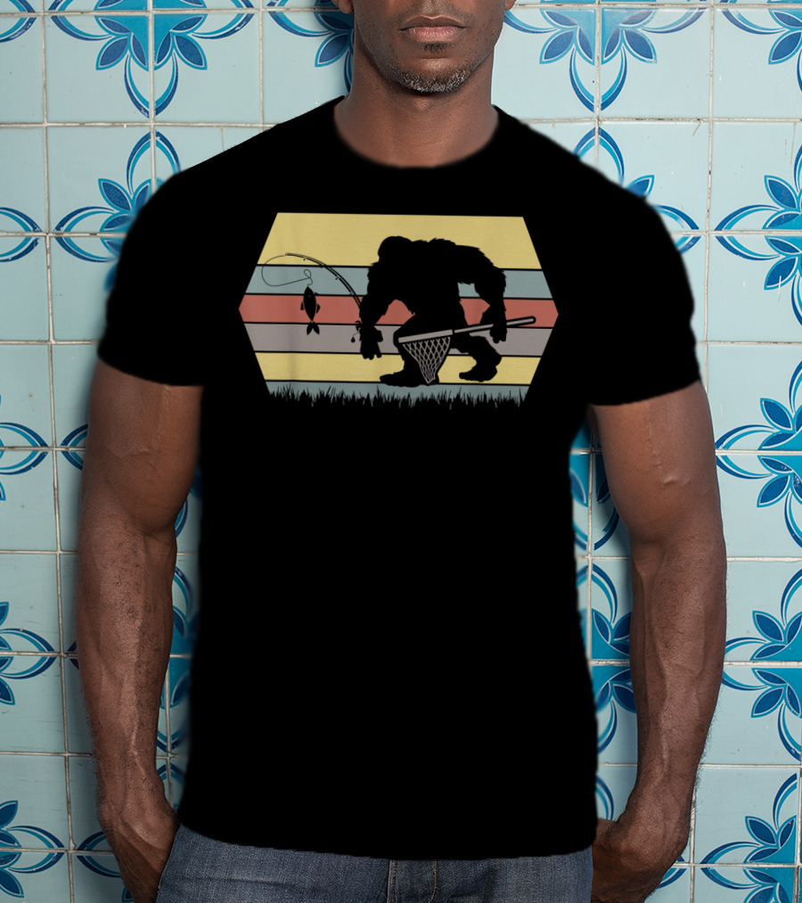 Funny Big Foot Fishing Silhouette Retro Stripes T-Shirt