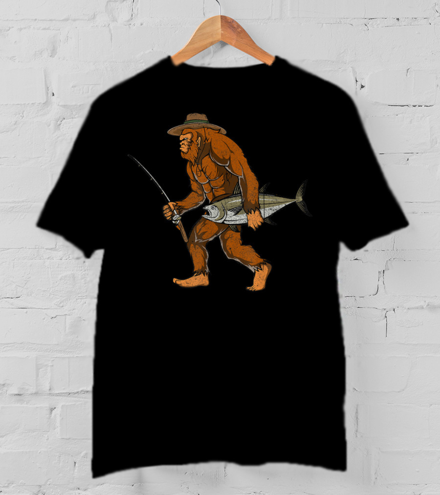 Bigfoot Bass Fisherman Catching Fish With Fishing Rod T-Shirt