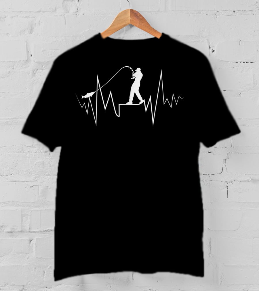 Fishing Heartbeat Cool Beat Great For Fisherman Silhouette With Fish On Line T-Shirt