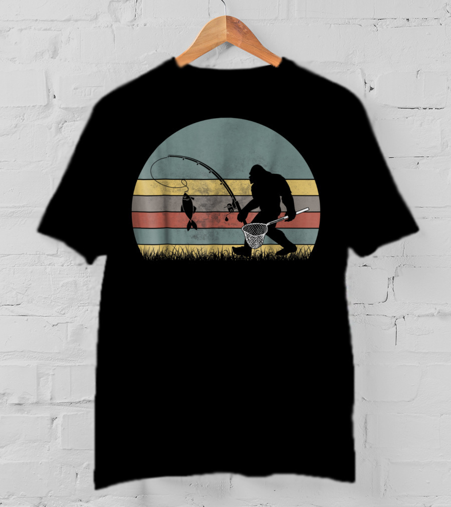 Bigfoot Fishing Retro Stripes T-Shirt