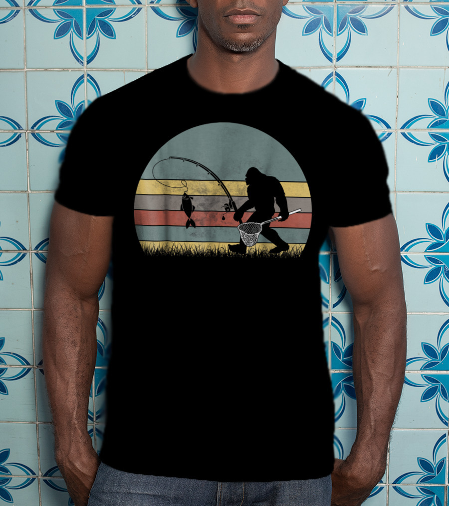 Bigfoot Fishing Retro Stripes T-Shirt