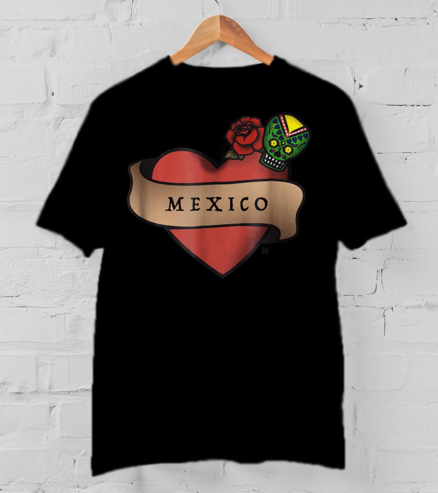 I Love Mexico Dia De Los Muertos Mexico Heart Sugar Skull Rose T-Shirt
