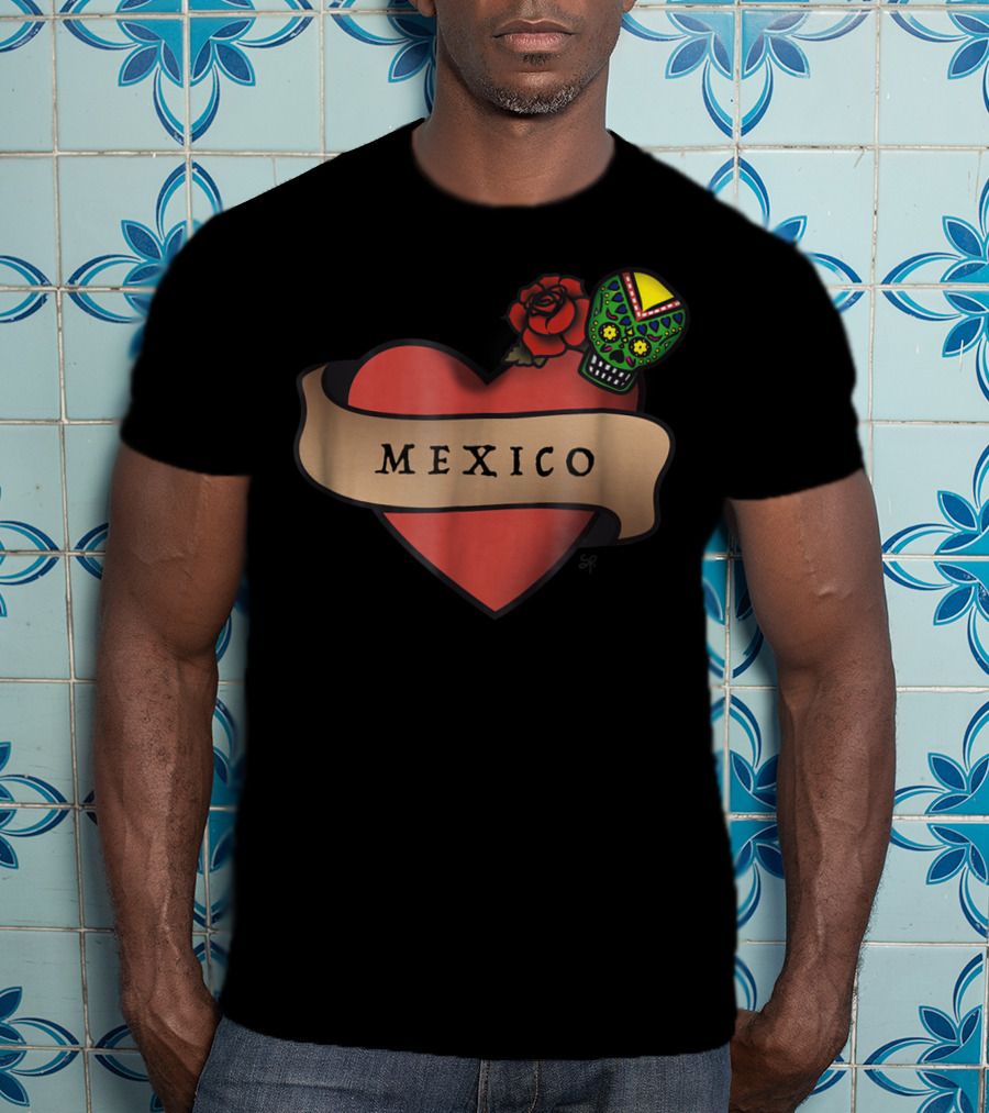 I Love Mexico Dia De Los Muertos Mexico Heart Sugar Skull Rose T-Shirt