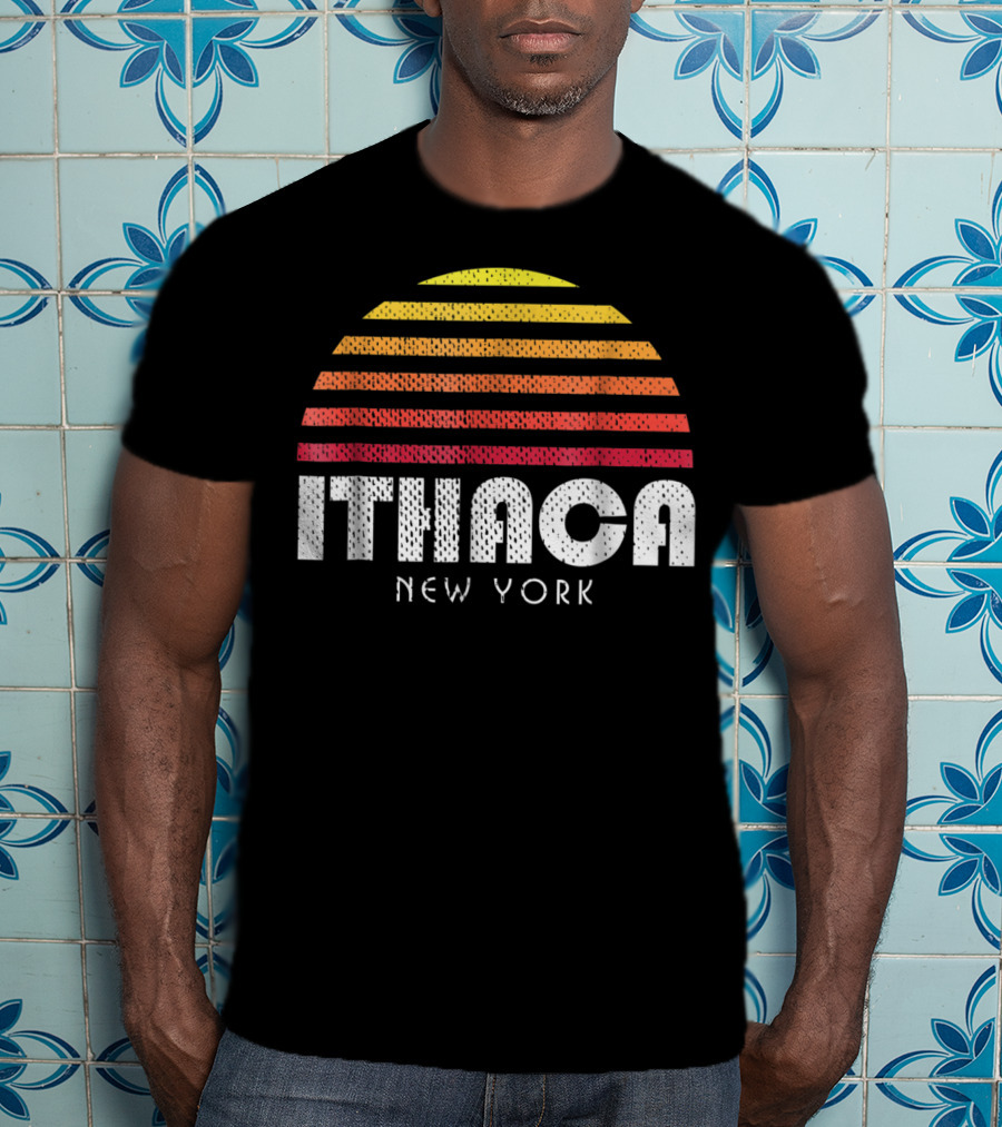 Ithaca New York Retro Striped Sunset T-Shirt
