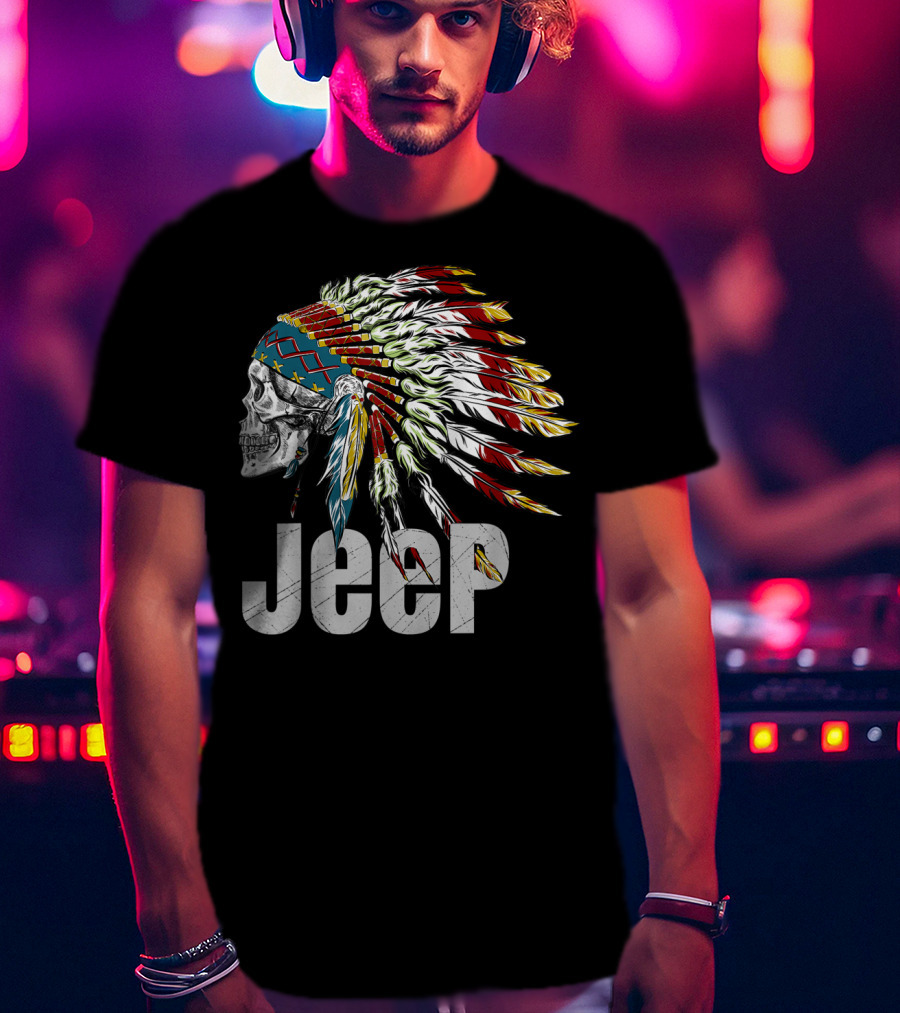 Jeep Skull Wearing Native American Headdress T-Shirt