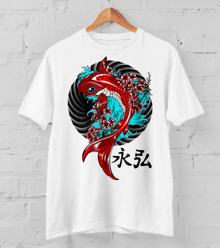 Koi Fish Floral With Japanese Characters T-Shirt