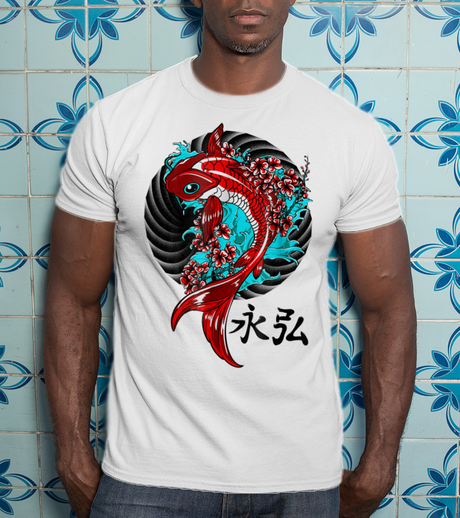 Koi Fish Floral With Japanese Characters T-Shirt