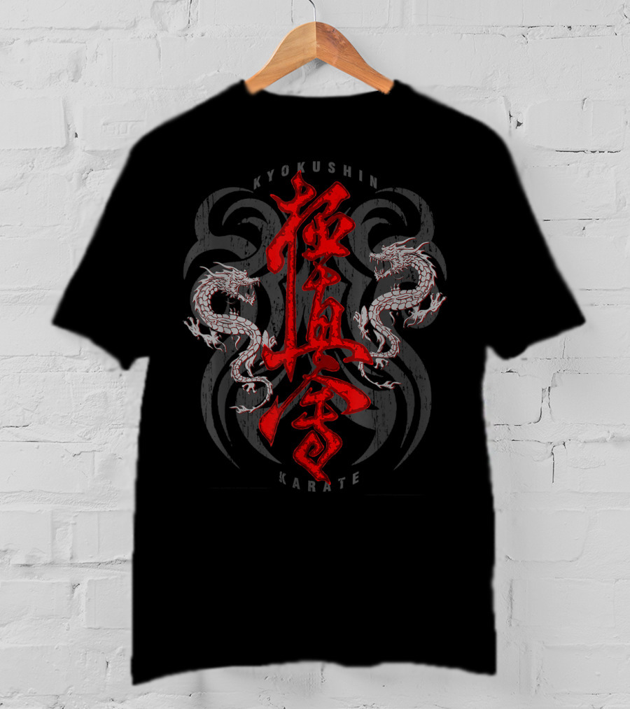 Kyokushin Karate Dragons And Kanji With Dual White Eastern Dragons T-Shirt