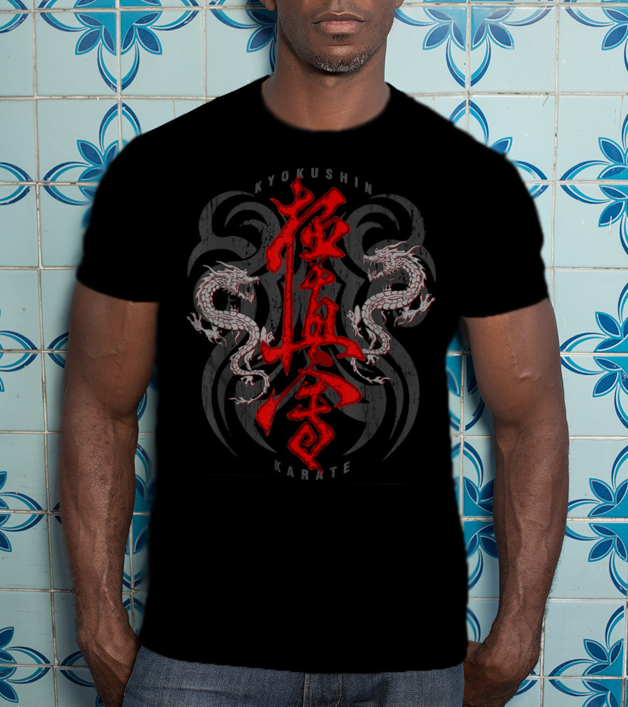 Kyokushin Karate Dragons And Kanji With Dual White Eastern Dragons T-Shirt