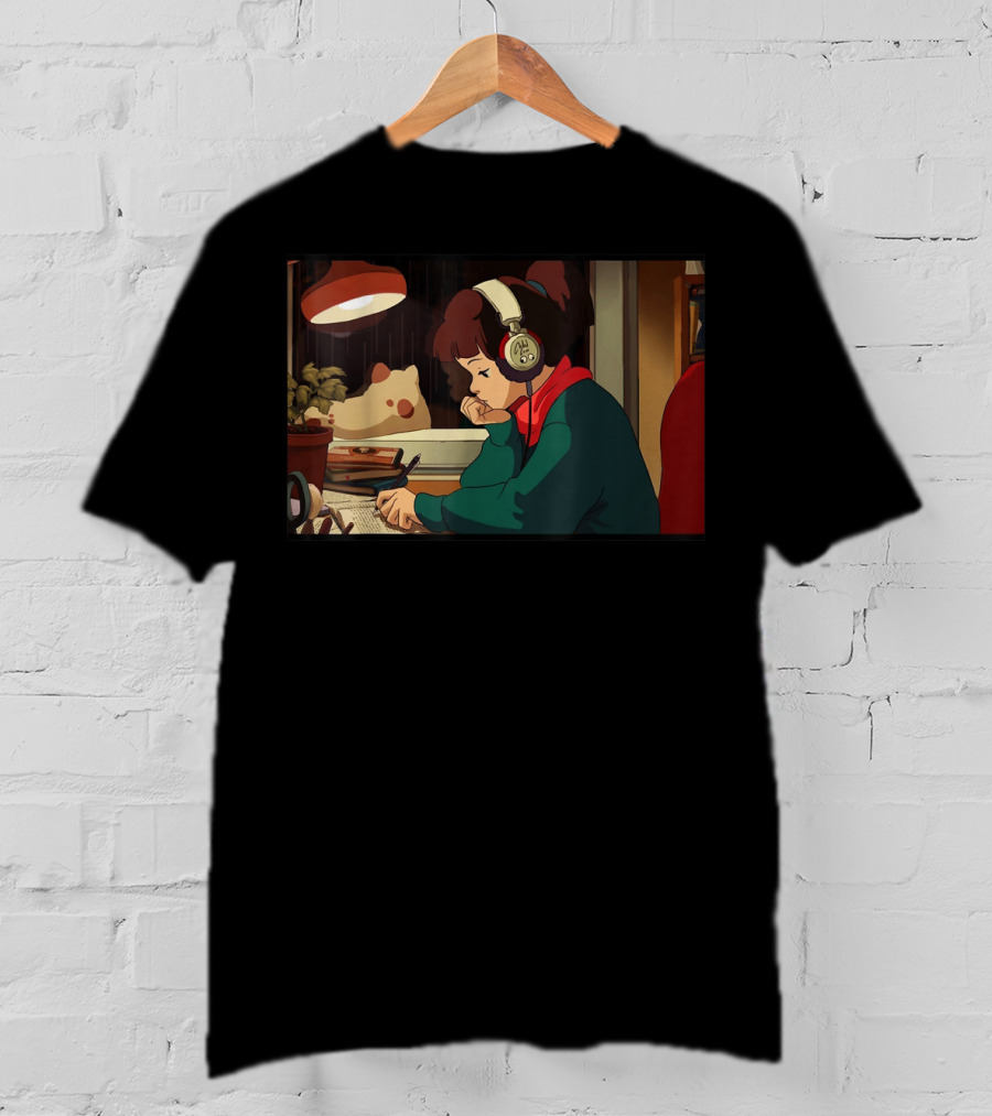 Lofi Hip Hop Chill Hop Relaxing Jazz Hop Beats Girl With Headphones Studying At Desk T-Shirt