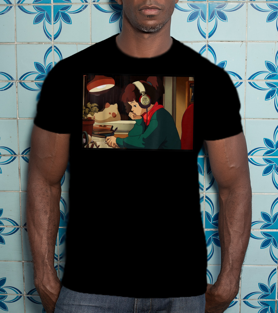 Lofi Hip Hop Chill Hop Relaxing Jazz Hop Beats Girl With Headphones Studying At Desk T-Shirt
