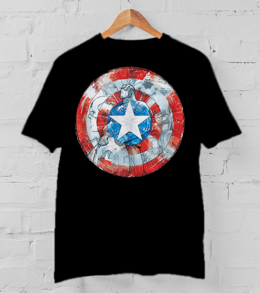 Captain America Marvel Shield With Heroic Comic Collage T-Shirt