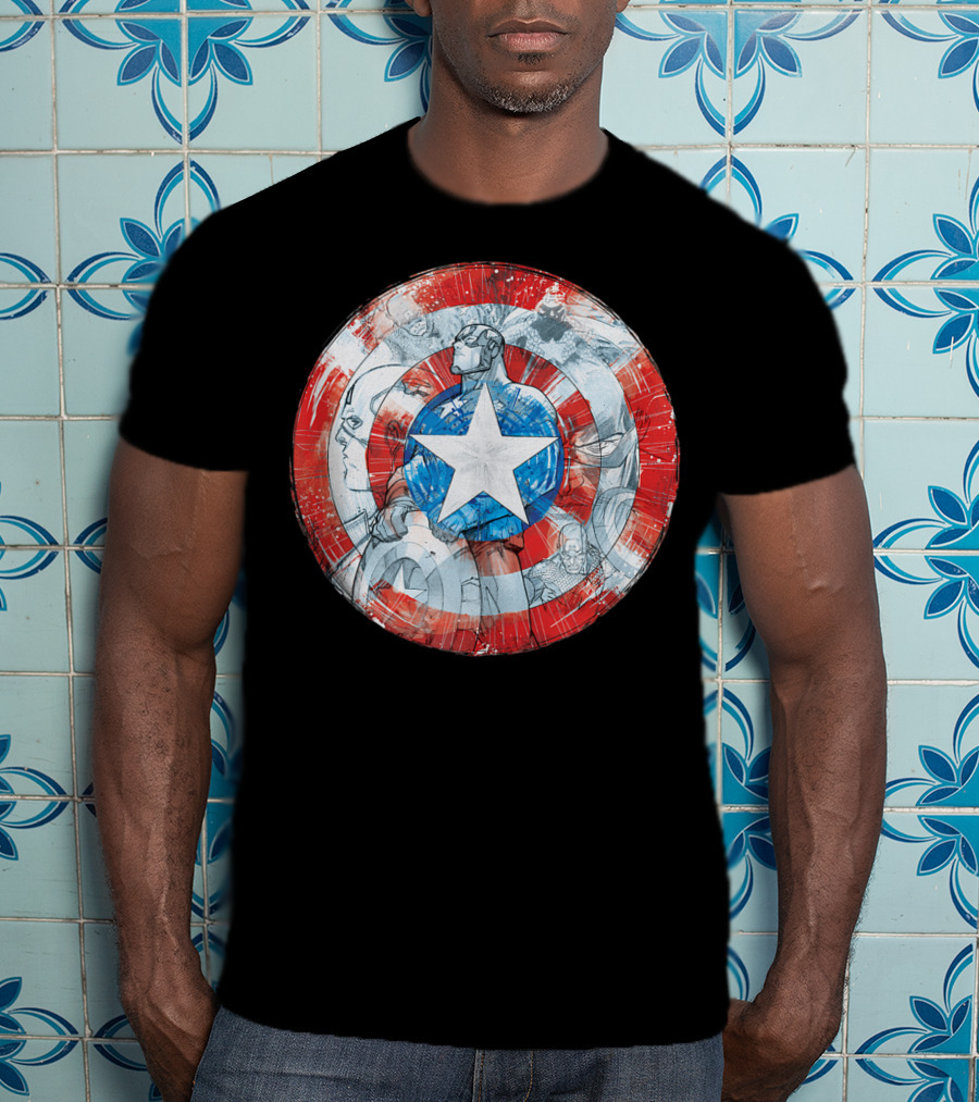 Captain America Marvel Shield With Heroic Comic Collage T-Shirt