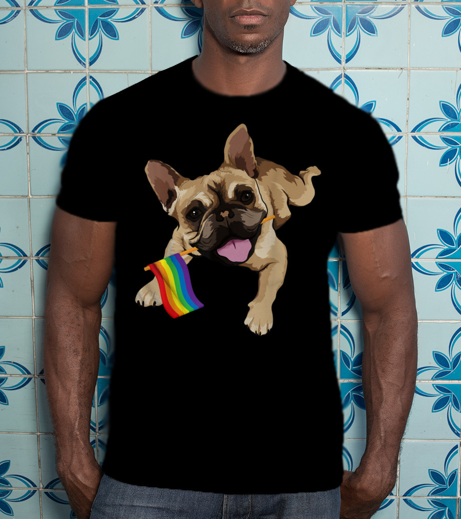 Men Women Kids French Bulldog Holding Gay Pride Flag T-Shirt