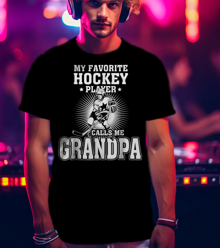 Mens My Favorite Hockey Player Calls Me Grandpa Starburst Ice Skater T-Shirt