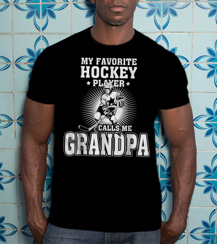 Mens My Favorite Hockey Player Calls Me Grandpa Starburst Ice Skater T-Shirt