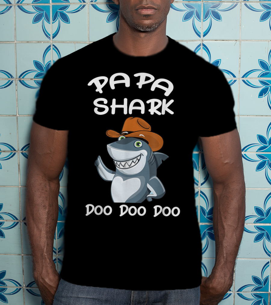 Papa Shark Doo Doo Doo Cartoon Cowboy Hat Father T-Shirt
