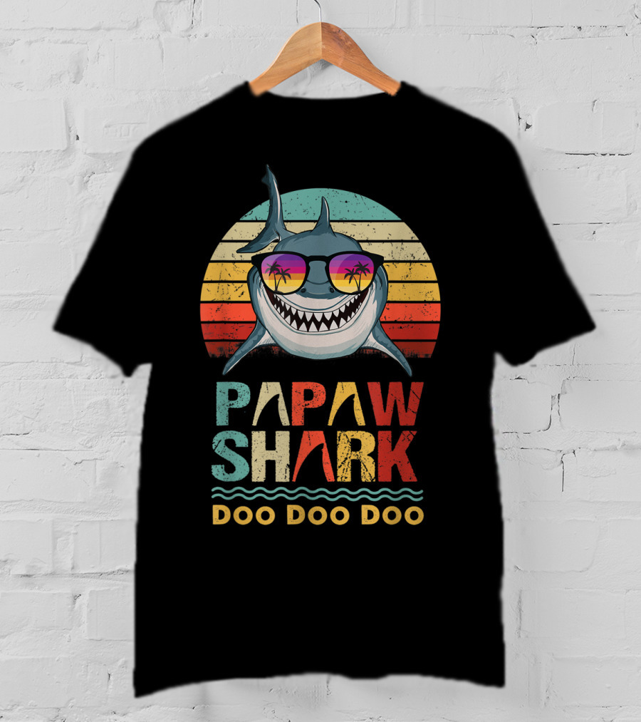 Papaw Shark Doo Doo Doo Funny Fathers Retro Sunglasses Tropical Sunset T-Shirt