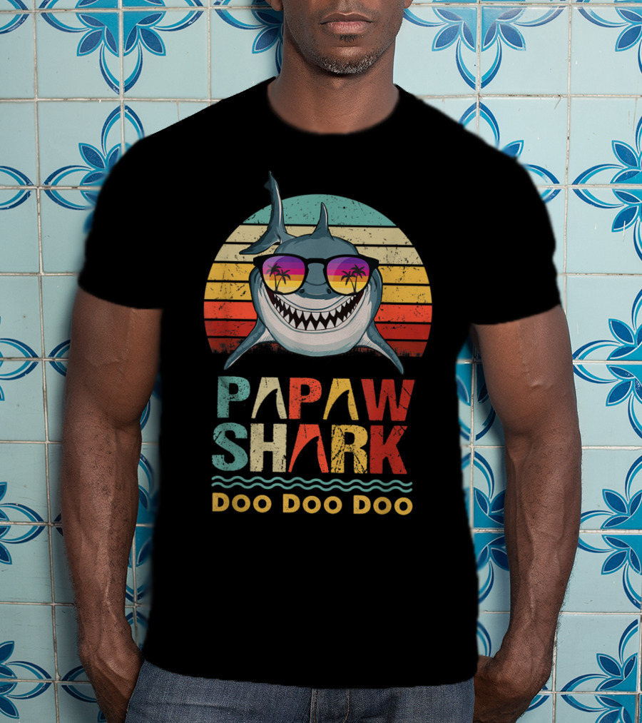 Papaw Shark Doo Doo Doo Funny Fathers Retro Sunglasses Tropical Sunset T-Shirt