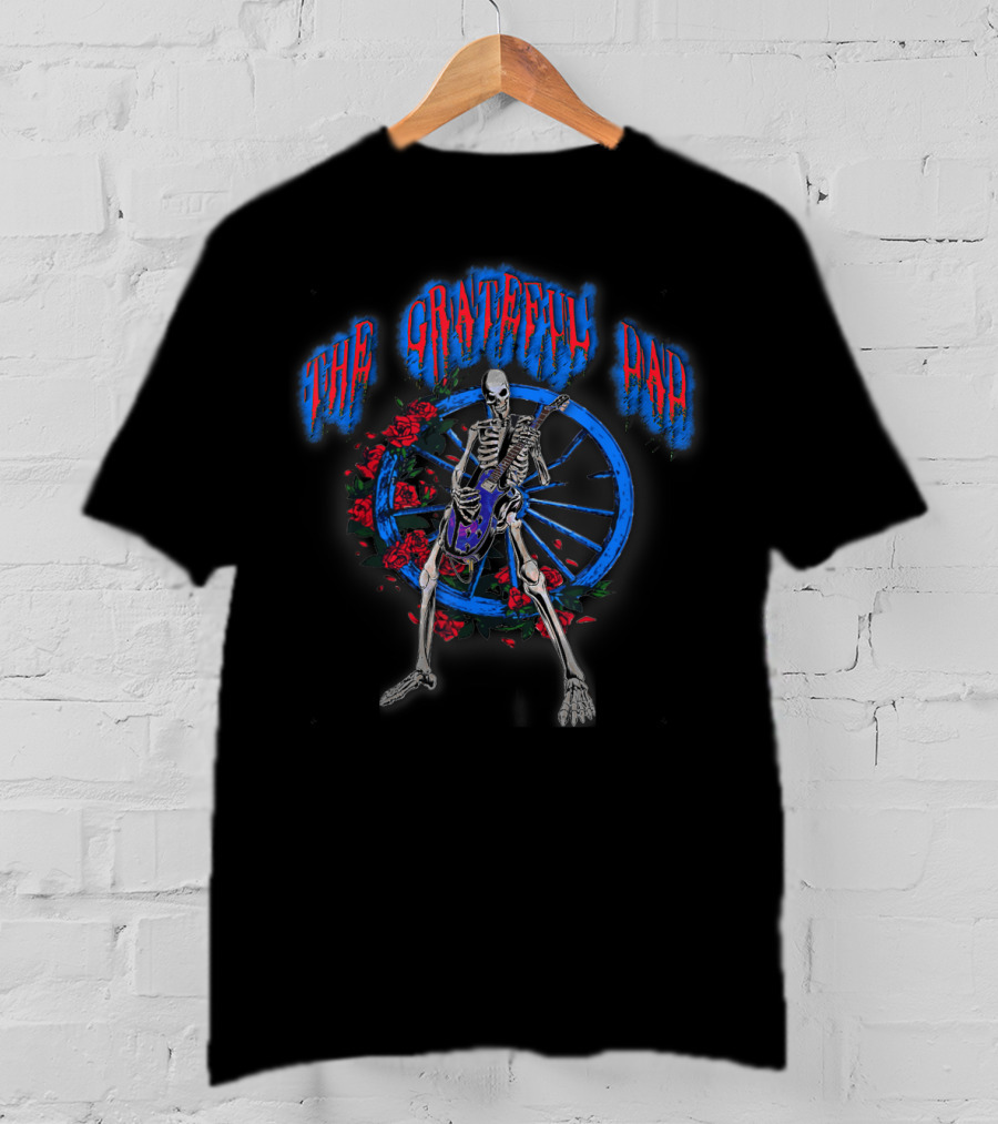 The Grateful Dad Skeleton With Guitar And Roses Wheel Classic Rock T-Shirt