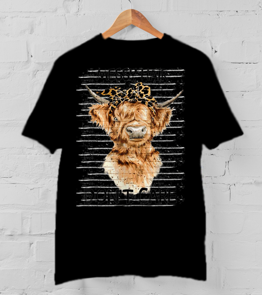 Messy Hair Don't Care Highland Cow Leopard Print Headband T-Shirt