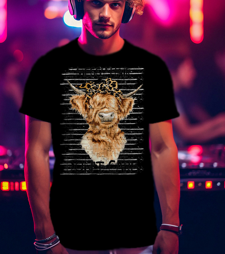 Messy Hair Don't Care Highland Cow Leopard Print Headband T-Shirt