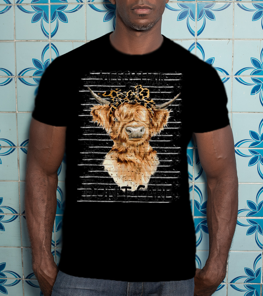 Messy Hair Don't Care Highland Cow Leopard Print Headband T-Shirt