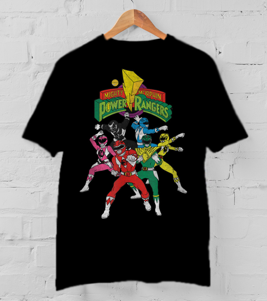 Mighty Morphin Power Rangers Full Team Pose With Original T-Shirt