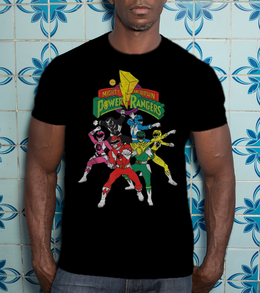 Mighty Morphin Power Rangers Full Team Pose With Original T-Shirt