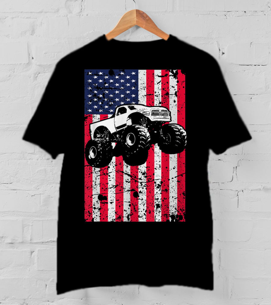 Monster Truck American Flag USA Patriotic Racing T-Shirt