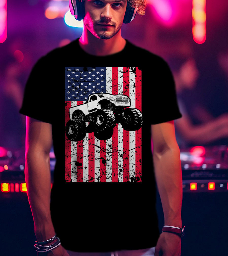Monster Truck American Flag USA Patriotic Racing T-Shirt