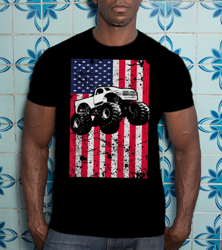 Monster Truck American Flag USA Patriotic Racing T-Shirt