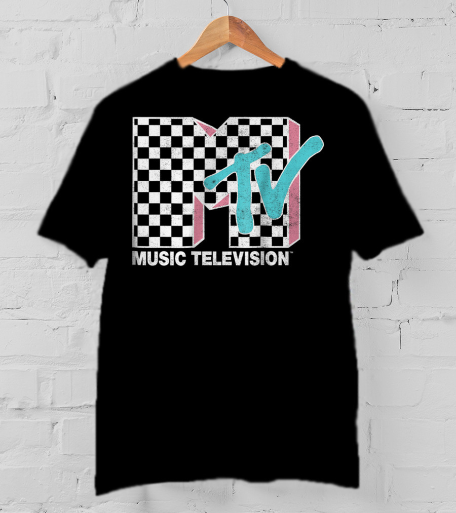 MTV Music Television Neon Distressed Checkered T-Shirt