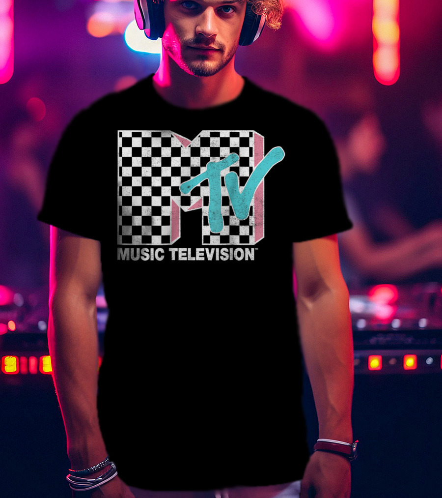 MTV Music Television Neon Distressed Checkered T-Shirt