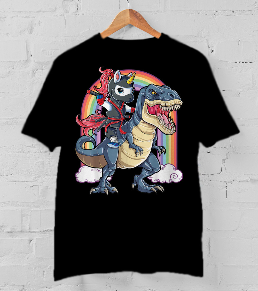 Ninja Unicorn Riding Dinosaur Rex Under Rainbow Clouds T-Shirt