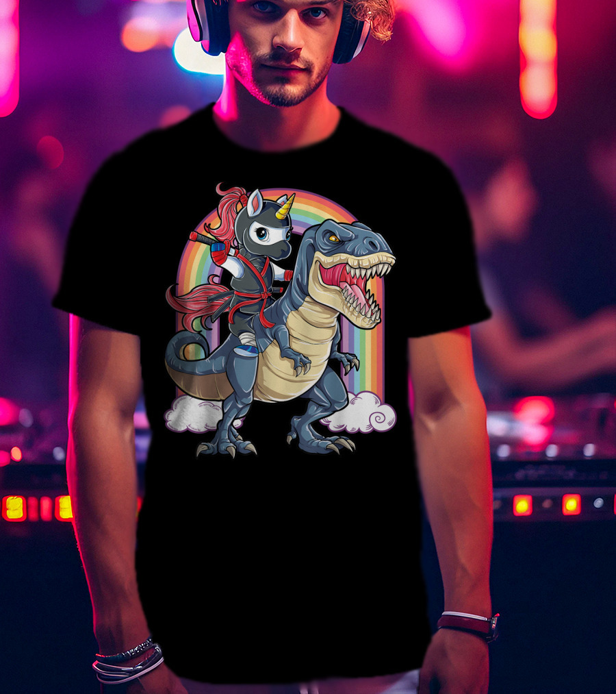 Ninja Unicorn Riding Dinosaur Rex Under Rainbow Clouds T-Shirt